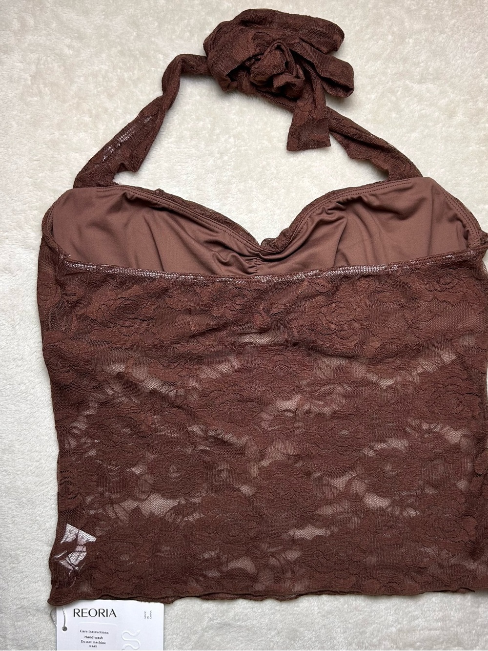 REORIA Chocolate Brown Lace Halter Crop Top Women’s Large Y2K Sweetheart Neck - Picture 3 of 7
